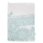 Kate Heiss Sunflowers and Bees Tea Towel in Powder Blue shows a white and blue tea towel with an illustration of bees and sunflowers against fields