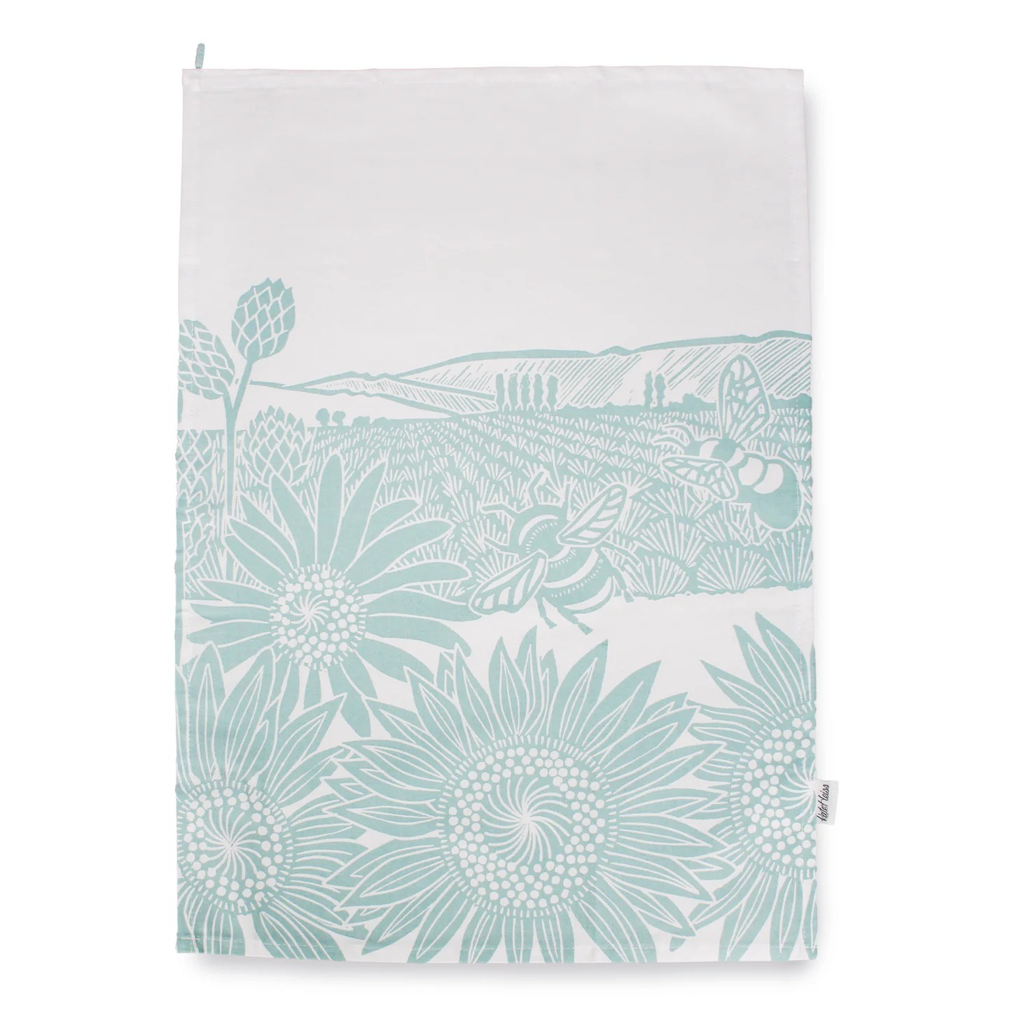 Kate Heiss Sunflowers and Bees tea towel pale blue Kate Heiss Sunflowers and Bees Tea Towel in Powder Blue shows a white and blue tea towel with an illustration of bees and sunflowers against fields