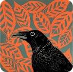 Little Crow Placemat by Sue Welfare shows a black bird with long beak and beady eye against a background of red leaves
