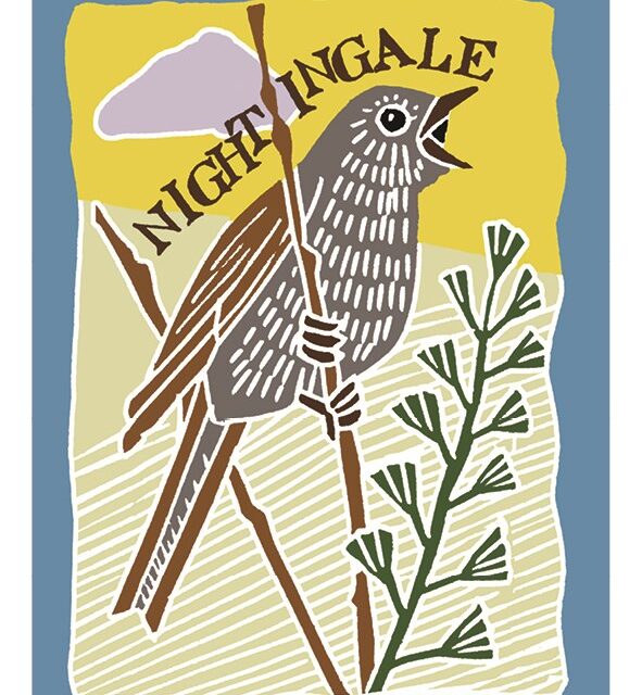 Nightingale card by Kate Heiss shows a brown bird sitting on a stem with the word nightingale written above