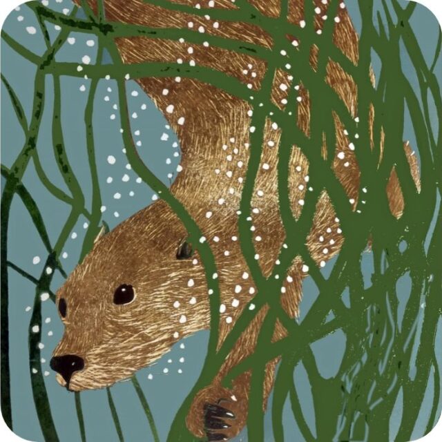 Otter Diving Placemat by Sue Welfare shows a brown animal swimming underwater between weeds and with bubbles rising