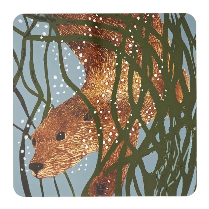 Otter Diving Placemat by Sue Welfare shows a brown animal swimming underwater between weeds and with bubbles rising
