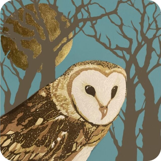 Owl Full Moon Placemat by Sue Welfare shows a barn owl with white disc face and brown body amidst branches with a full round moon behind
