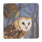 Owl Full Moon Placemat by Sue Welfare shows a barn owl with white disc face and brown body amidst branches with a full round moon behind