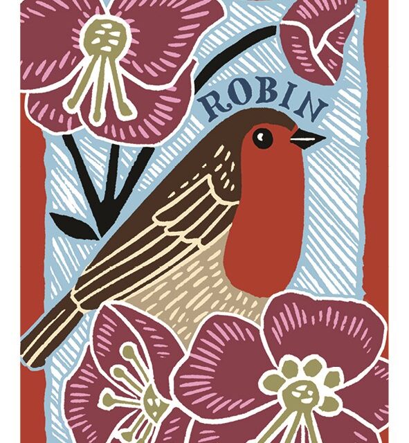 Robin card by Kate Heiss shows a brown and red bird sitting amongst red flowers with the word robin written above