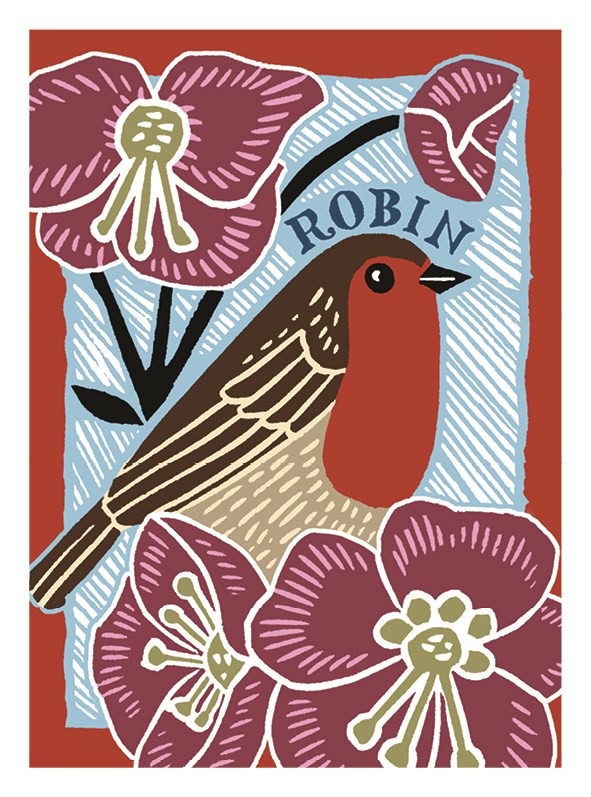 Robin card by Kate Heiss shows a brown and red bird sitting amongst red flowers with the word robin written above