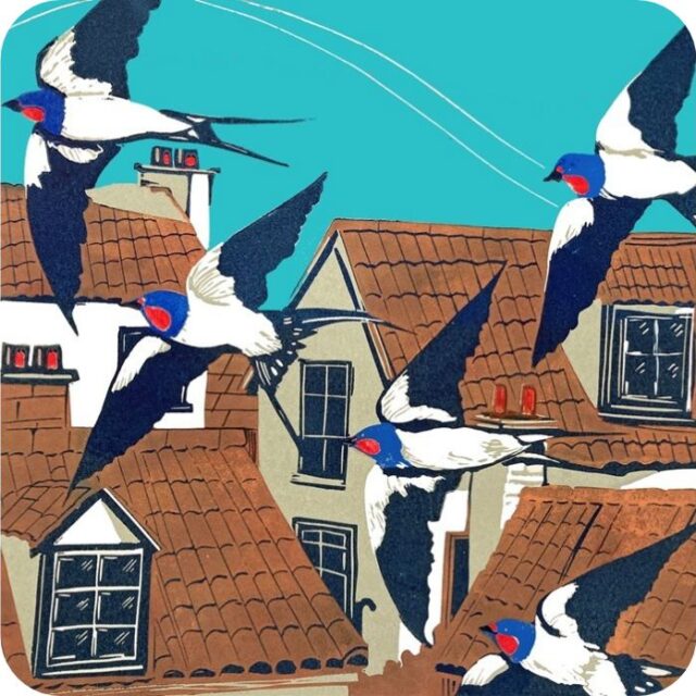 Swallows Placemat by Sue Welfare shows black and white birds with red and blue heads and long black streamer tails swooping in front of terracotta rooves
