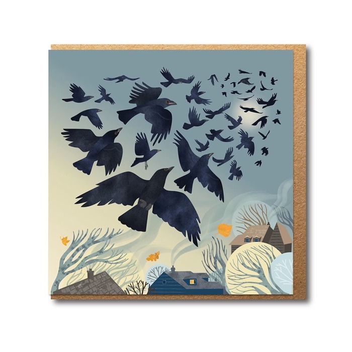 Flock of Crows Greetings Card shows a flock of dark coloured birds flying over roof tops and trees