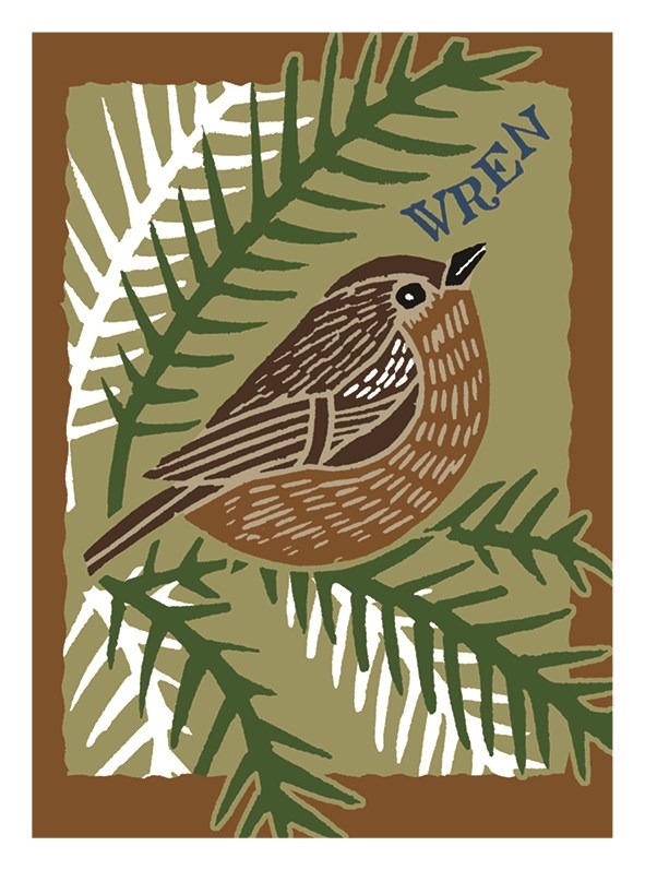 Wren card by Kate Heiss shows a small brown bird sitting on green and white branches with the word wren written above