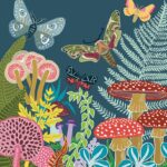 Butterflies and Moths greetings card by Kate Heiss shows four colourful insects flying above equally colourful funghi and plants against a dark blue background